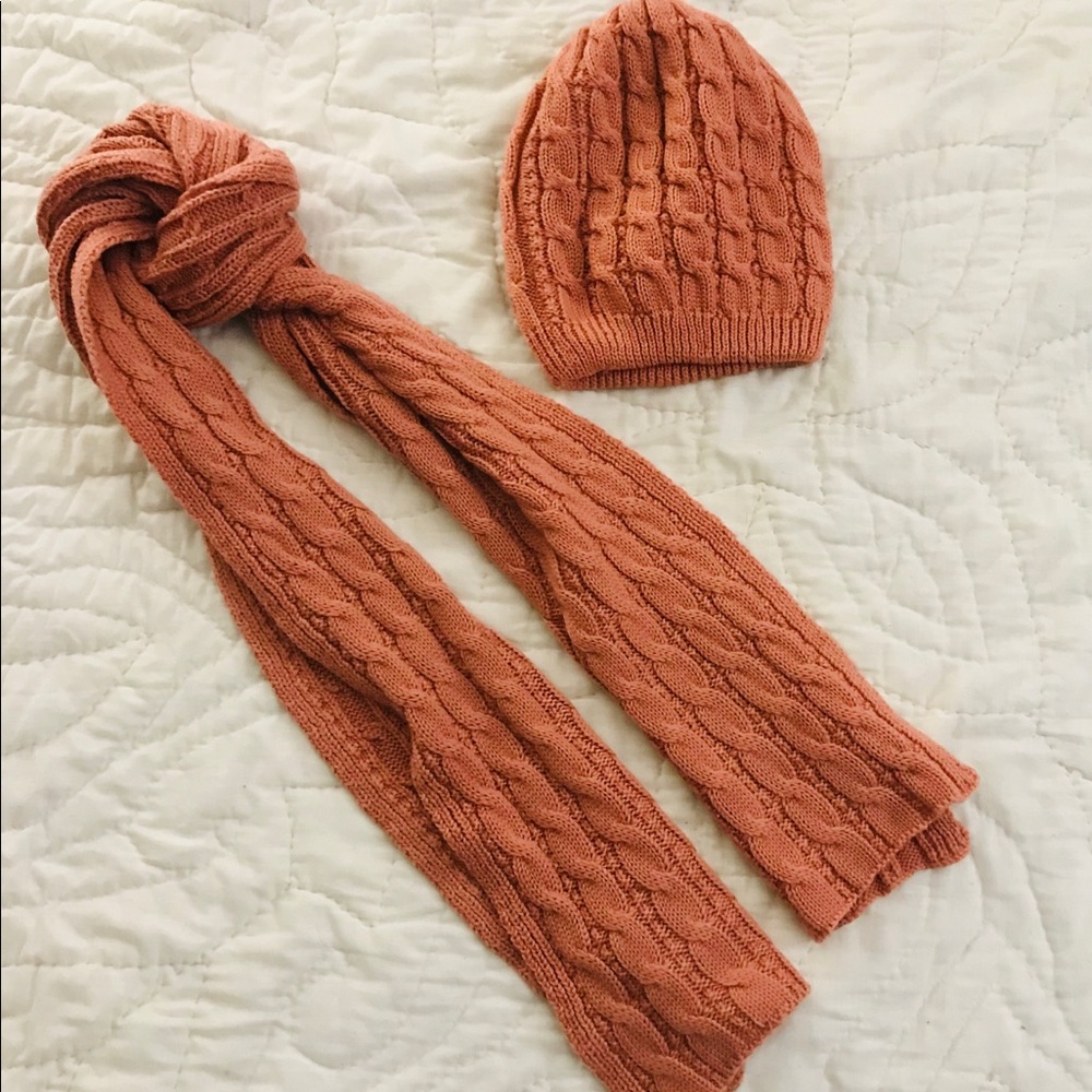 Cable knit Scarf and Winter Hat Dark Coral